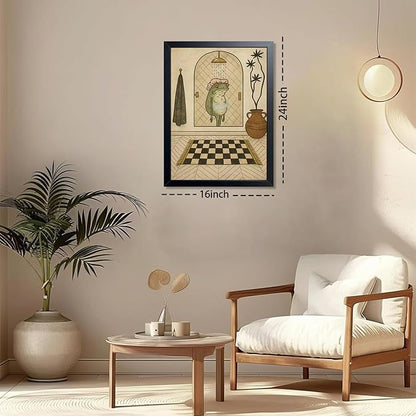 Funny Frog Bathroom Wall Art, Cute Frog Picture Wall Decor, Bathroom Animal Canvas Print Painting for Home Dorm Apartment Toilet Decor 16x24 Inch Framed