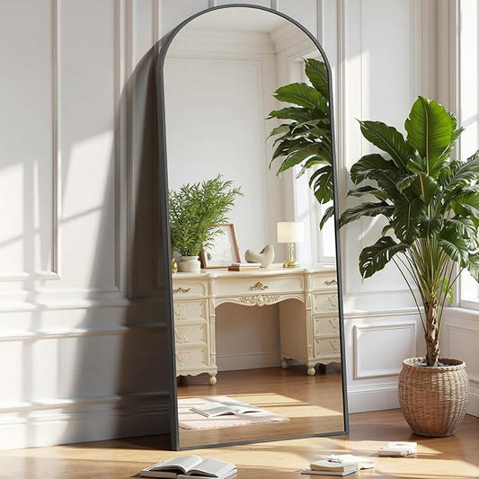 OLIXIS Black Arched Full Length Mirror 60"x16" for Bedroom, Full Body Mirror with Stand, Hanging or Leaning for Wall, Aluminum Alloy Thin Frame Floor Standing for Living Room