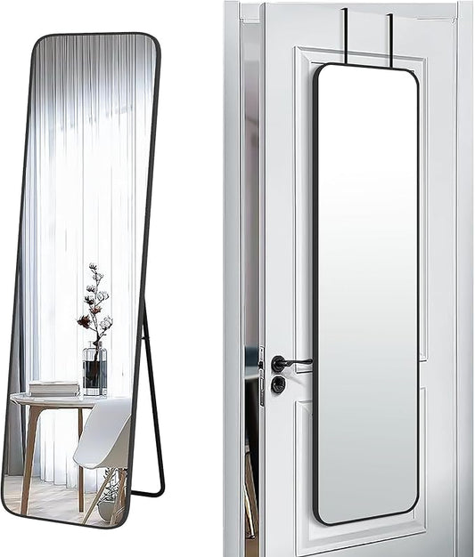 SCWF-GZ 57x16 Door Hanging Full Length Mirror, Floor Stand (Height 5.7ft just Body in1.3ft) Wall Mounted Metal Frame Rectangle Dressing Mirrors for Bedroom Bathroom Room 57 inch Black