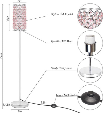 Crystal Floor Lamp for Bedroom, Silver Floor Lamp with Pink Shade, Girls Lamp with On/Off Foot Switch, Elegant Standing Light Tall Pole Lamp for Living Room, Dresser, Office (E26 Base)