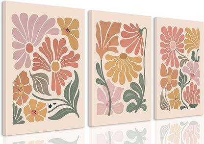 TBKHUDBI Boho Flower Canvas Wall Art Abstract Floral Pictures Prints Set of 3 Minimalist Botanical Painting Poster Flower Market Aesthetic Wall Decor for Living room Bedroom 12"x16" Framed