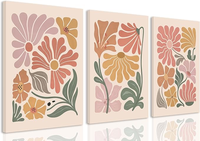 TBKHUDBI Boho Flower Canvas Wall Art Abstract Floral Pictures Prints Set of 3 Minimalist Botanical Painting Poster Flower Market Aesthetic Wall Decor for Living room Bedroom 16"x24" Framed