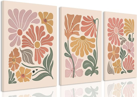 TBKHUDBI Boho Flower Canvas Wall Art Abstract Floral Pictures Prints Set of 3 Minimalist Botanical Painting Poster Flower Market Aesthetic Wall Decor for Living room Bedroom 16"x24" Framed