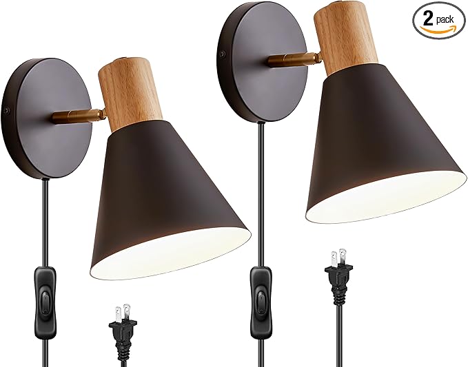 Plug in Wall Sconces Lighting Fixture Pack of 2, Wooden Adjustable Bedside Wall lamp for Industrial Bedroom, Living Room Bathroom Sink Lighting (2, Black)