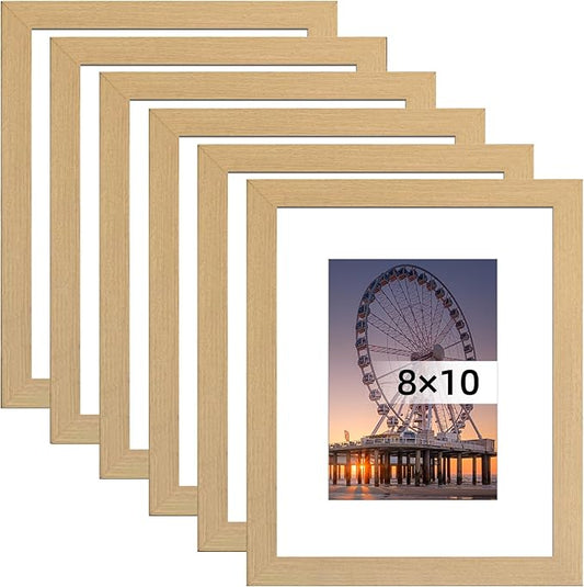 BESCRCL 8x10 Picture Frame Natural Set of 6, Display Pictures 5x7 with Mat or 8x10 Without Mat for Wall Mounting or TableTop