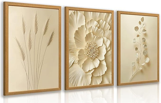 GELDSTEI Neutral Beige Floral Canvas Wall Art, Modern Minimalist Botanical Wall Decor, Vintage Beige Elegant Flower Poster Prints for Living Room Bedroom Wood Framed Set of 3, Each 12x16 Inch