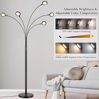 LED Arc Floor Lamp with Remote, 2250LM Dimmable Floor Lamp with Timer, Adjustable Colors, Brightness & 5 Adjustable Arms,Multi-Head Tall Tree Standing Lamp for Living Room Bedroom Corner Office, Black