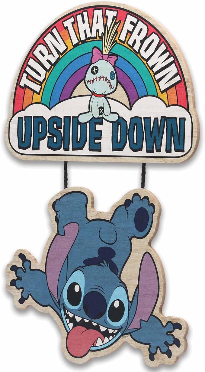 Open Road Brands Disney Lilo and Stitch Turn That Frown Upside Down Linked Hanging Wood Wall Decor - Fun Stitch Decoration for Kids' Bedroom or Play Room