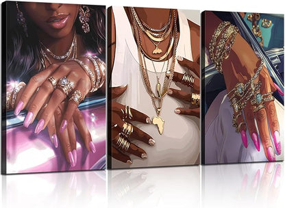 NCYEL 3Pcs Black Girls Wall Art African American Fashion Canvas Print Luxury Shiny Picture Gold Jewelry Decorative Prints Posters Bedroom Living Room Salon Artwork 16X24Inch
