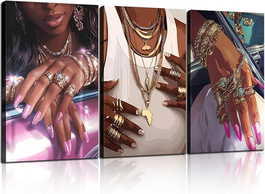 NCYEL 3Pcs Black Girls Wall Art African American Fashion Canvas Print Luxury Shiny Picture Gold Jewelry Decorative Prints Posters Bedroom Living Room Salon Artwork 16X24Inch