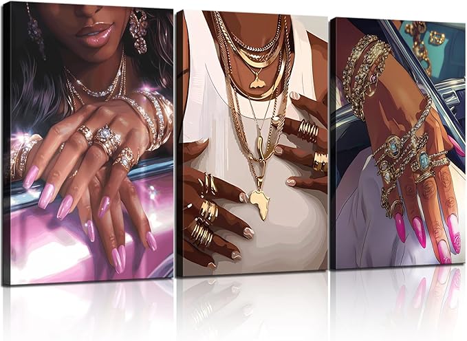 NCYEL 3Pcs Black Girls Wall Art African American Fashion Canvas Print Luxury Shiny Picture Gold Jewelry Decorative Prints Posters Bedroom Living Room Salon Artwork 12X16Inch