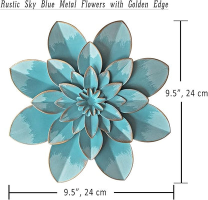 Light Sky Blue Metal Flower Wall Art Decor, 9.5“ Rustic Modern Floral Sculpture, Distressed Hanging Home Decoration Accent Artworks for Indoor Bedroom Living Room Office Outdoor Garden Patio