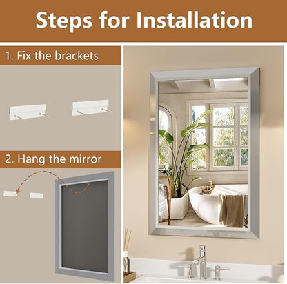 SMIROR Brushed Silver Bathroom Mirror for Over Sink, 20”x 24” Metal Thick Framed Rectangle Vanity Mirror for Wall, Right Angle Corner, Anti-Rust, Horizontally or Vertically Mounted