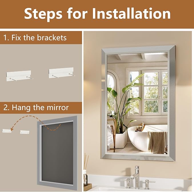SMIROR Brushed Silver Bathroom Mirror for Over Sink, 36”x 30” Metal Thick Framed Rectangle Vanity Mirror for Wall, Right Angle Corner, Anti-Rust, Horizontally or Vertically Mounted