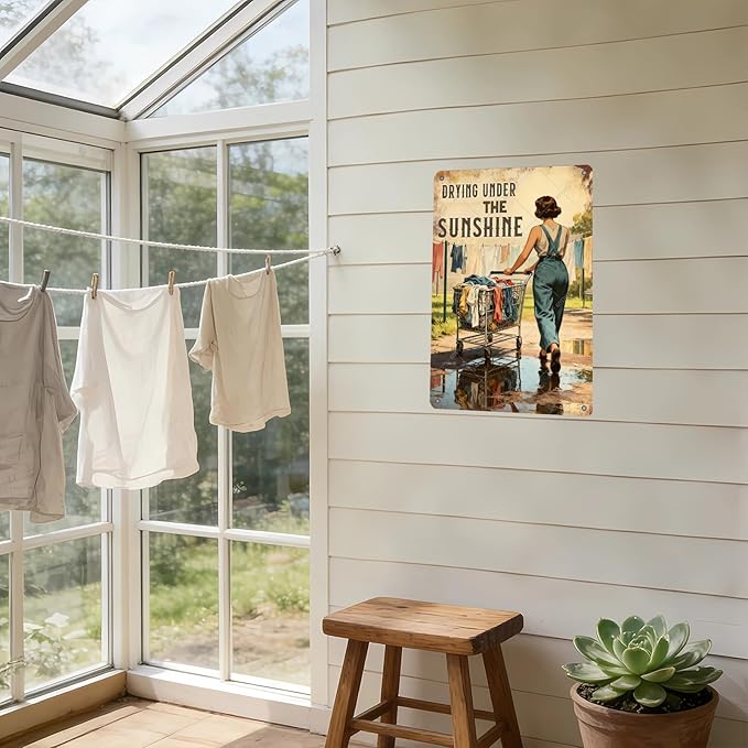 Drying Under The Sunshine Tin Sign Rustic Laundry Room Decor Vintage Metal Wall Art for Farmhouse Kitchen Bathroom 12x8 Inch