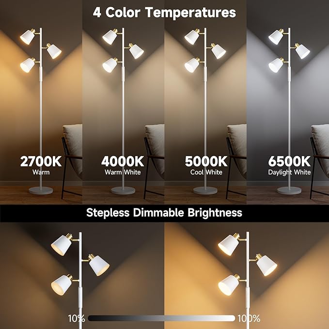 LED Tree Floor Lamp, 2500LM Super Bright Tall Standing Lamp with Remote & Touch Control, 4 Color Temperatures, 3 Rotatable Lights, Modern Dimmable Floor Lamps for Living Room Bedroom Office