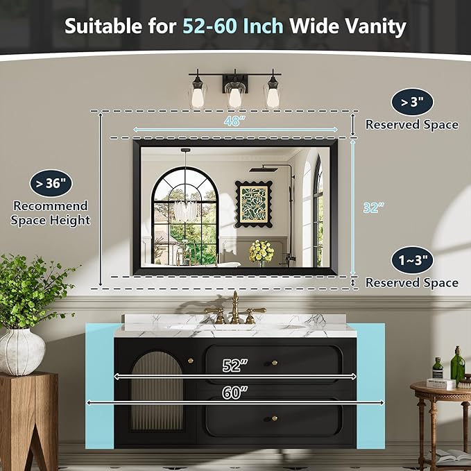 48x32 Inch Black Bathroom Mirror for Wall, Beveled Framed Rectangle Bathroom Vanity Mirrors for Over Sink, Bedroom, Living Room, Entryway, Anti-Rust, HD Tempered Glass, Horizontally/Vertically