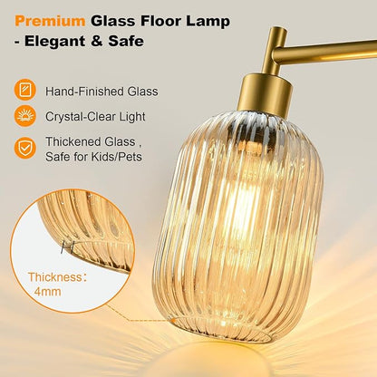【Upgraded】 Dimmable Glass Floor Lamp for Living Room, Modern Gold Standing Lamp with Amber Ribbed Glass Lampshade & Knob Dimmer, Arc Tall Lamp for Bedroom Office Reading Room, 2700K Led Bulb Included