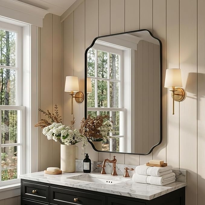 Black Wall Mirror 30"x22", Scalloped Edge Vanity Mirror - Hangs Vertically/Horizontally Decorative Bathroom Mirror for Vanity, Bedroom & Entryway, Aesthetic Bathroom Decor