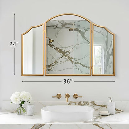 Besdomus Gold Scalloped Vanity Mirror: 36"x24" Large Modern Three Sided Dresser Miror - Minimalist Wood Frame 3 Way Trifold for Bedroom/Cloakroom/Dressing Room - Home Decor for Housewife