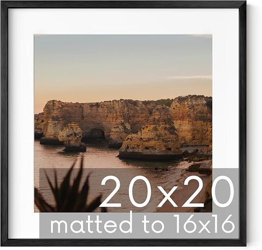 HAUS AND HUES 20x20 Black Metal Picture Frame Matted to 16x16 - Features Premium Aluminum & Hanging Hardware, Shatterproof Plexiglass - Ideal for Home, Room, Office (20x20 in, Black, Set of 1)