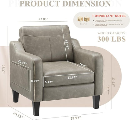 MALOL PU Leather Accent Chair Set of 2, Mid-Century Modern Living Room Armchair Sofa with Removable Cushions, Solid Wood Frame & Stitched Armrest Design, Bedroom Chair with Plastic Legs, Grey