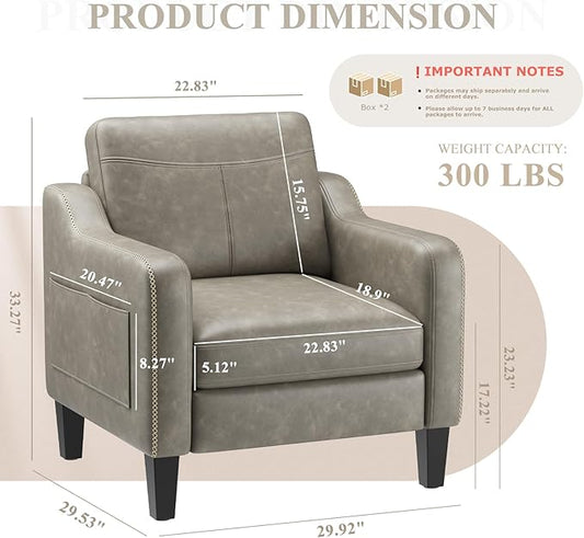 MALOL PU Leather Accent Chair Set of 2, Mid-Century Modern Living Room Armchair Sofa with Removable Cushions, Solid Wood Frame & Stitched Armrest Design, Bedroom Chair with Plastic Legs, Grey
