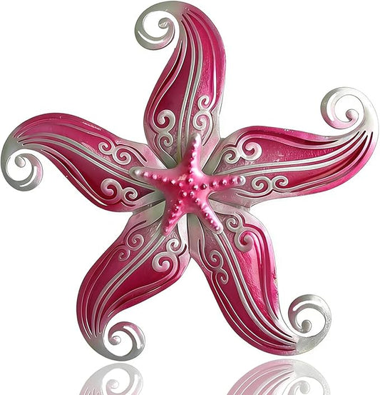POXOHO Starfish Outdoor Wall Decor Art, 12" Hanging Metal & Glass Sculpturefor Indoor Outdoor, Starfish Yard Patio Fence Garden Decorations(Pink)