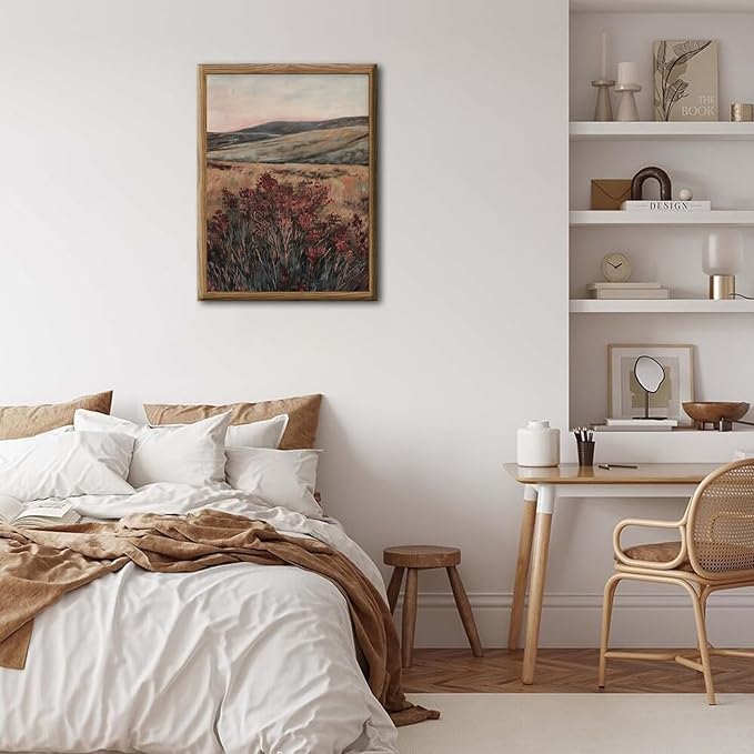 Moody Landscape Wall Art Vintage Wildflower Wall Decor Painting Cottagecore Nature Botanical Flower Picture Artwork 3D Textured Hand Drawn Sandstone for Living Room Bedroom 12x16 inch Wood Framed