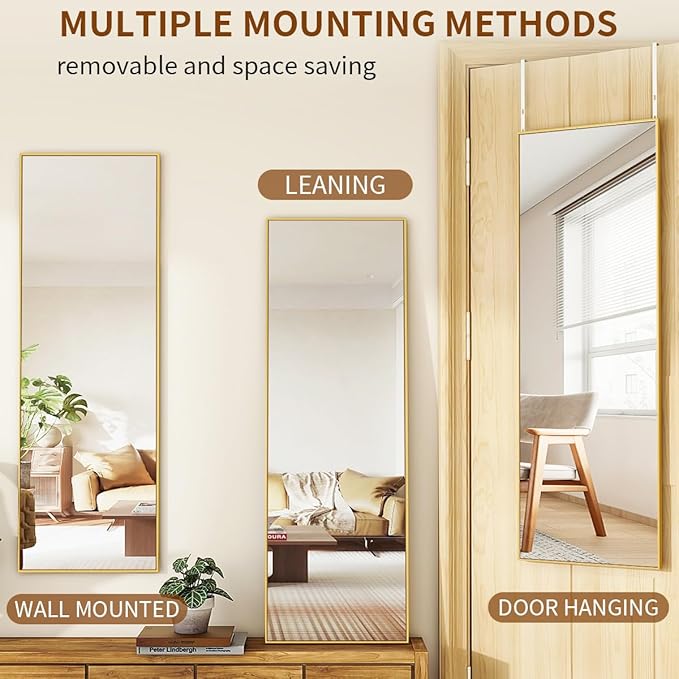 Door Mirror, Over The Door Full Length Mirror, 50"x16" Hanging Mirrors for Bedroom, Living Room, Entryway, Dorm, Gold