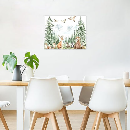 LB Rustic Woodland Animal Wall Art Green Forest Mountain and Wild Animals Canvas Wall Art Cute Kids Wall Decor for Nursery and playroom Bedroom Living Room Bathroom Framed Ready to Hang 8L x 10W