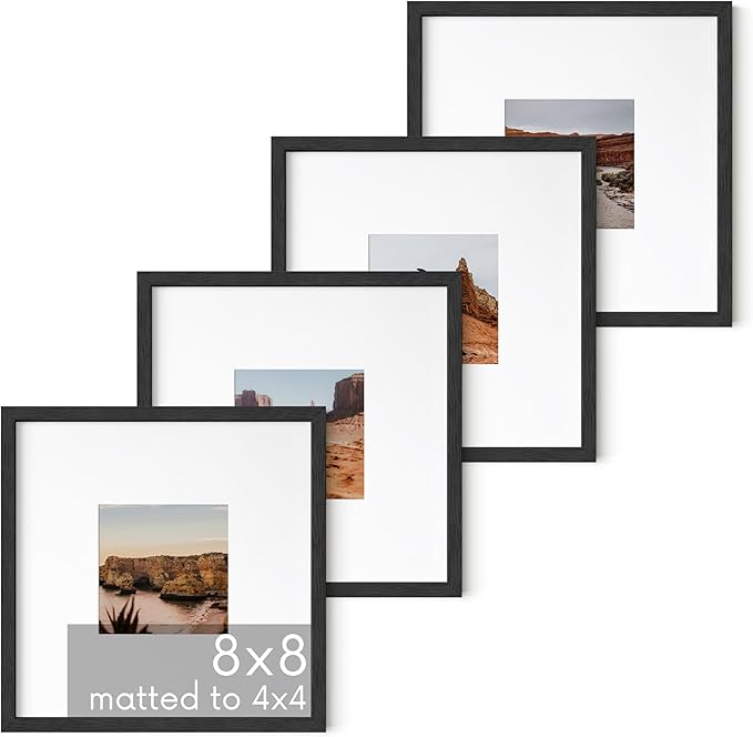 HAUS AND HUES Black Oak Wood 8x8 Picture Frames - Set of 4, Square Frames with Mat, Elegant Frames for Photos and Prints (8x8 in, Black, Set of 4)