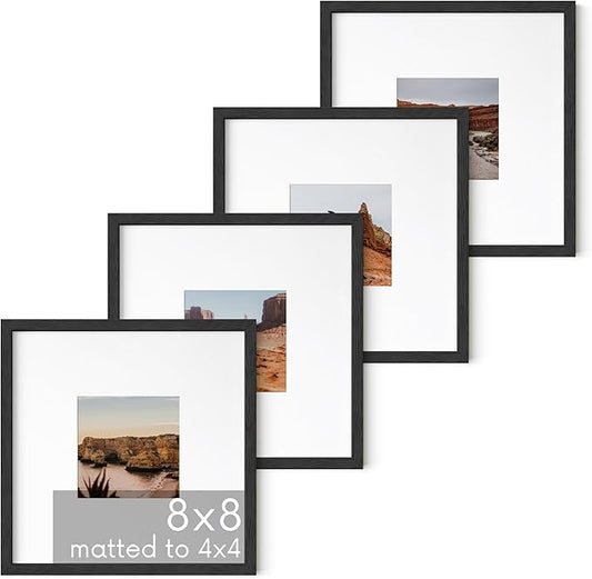 HAUS AND HUES Black Oak Wood 8x8 Picture Frames - Set of 4, Square Frames with Mat, Elegant Frames for Photos and Prints (8x8 in, Black, Set of 4)