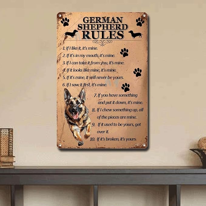 Metal Sign Tin Sign Vintage Wall Art German Shepherd Rules Funny Garden Signs for Pub 6×8 Inches