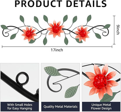 KHJCXS Metal Wall Art Modern Minimalist Metal Flowers Indoor Decor Horizontal Wall Art Iron Artwork,for Over Door,Bedroom,Living Room,Kitchen,Office Scroll Decor(Red)