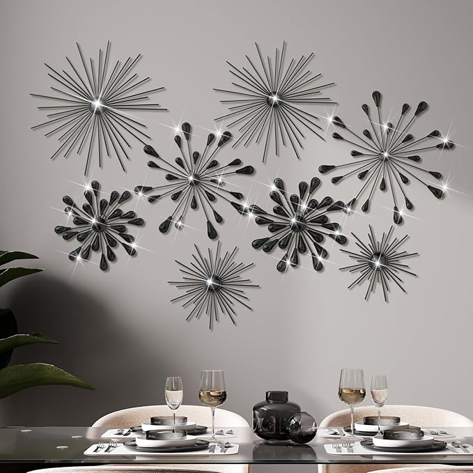 Blulu 8 Pcs Black Metal Wall Art Cast Iron Starburst Wall Decor Bling Crystal Sculptures Living Room 3D Teardrop Radial Rhinestone Hanging Diamond Accents for Home Office Bedroom Entryway