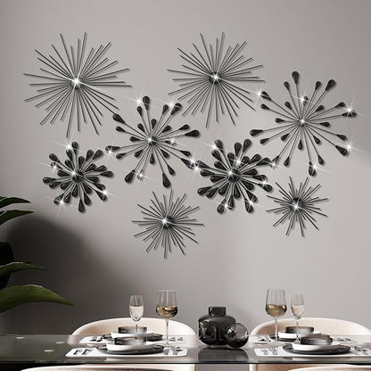 Blulu 8 Pcs Black Metal Wall Art Cast Iron Starburst Wall Decor Bling Crystal Sculptures Living Room 3D Teardrop Radial Rhinestone Hanging Diamond Accents for Home Office Bedroom Entryway