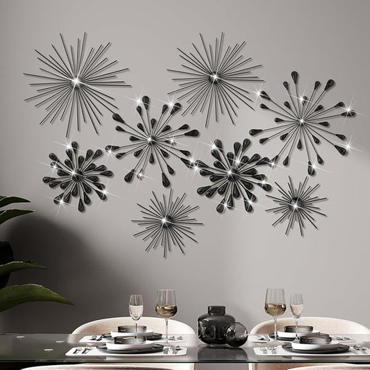 Blulu 8 Pcs Black Metal Wall Art Cast Iron Starburst Wall Decor Bling Crystal Sculptures Living Room 3D Teardrop Radial Rhinestone Hanging Diamond Accents for Home Office Bedroom Entryway