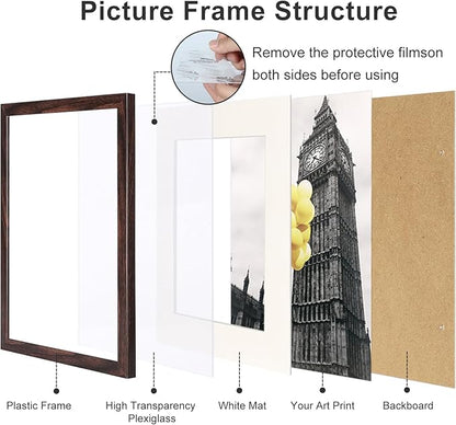 11x14 Picture Frame Set of 6, Display Pictures 8x10 with Mat or 11x14 Without Mat for Wall Tabletop Vertical Horizontal Display, Wall Gallery Photo Frames, Brown