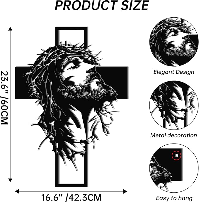 Slickss Large Jesus Wall Art, Metal Cross Wall Decor with Jesus Figure, 23.6x16.7 Inch Religious Wall Hanging, Christian Home Decor for Living Room, Office, Bedroom