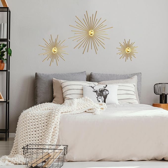 Fourluoo 3 Pack Gold Sunburst Mirrors for Wall Decor Circle Flowers Mirrors Decorative Gold Hanging Wall Art Flowers Mirror for Home Living Dinning Room Bedroom Bathroom Boho Decoration(Cute)