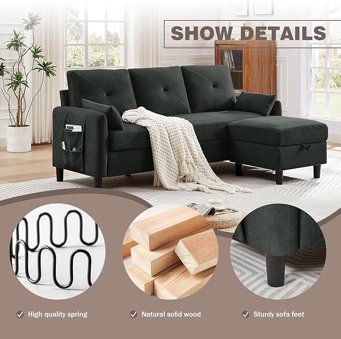 Convertible Sectional Sofa, 77" Small L Shaped 3 Seat Couch with Reversible Storage Chaise, Modern Polyester Fabric Sofa Couches for Living Room, Apartment and Small Space, Black