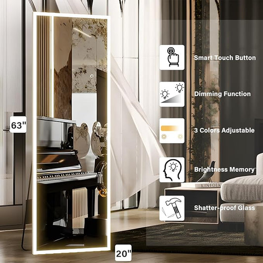 63x20 inches Full Length Mirror with Lights, Wall Mounted, 3 Color Lighting & Adjustable Brightness, Modern Home Decor for Bedroom, White