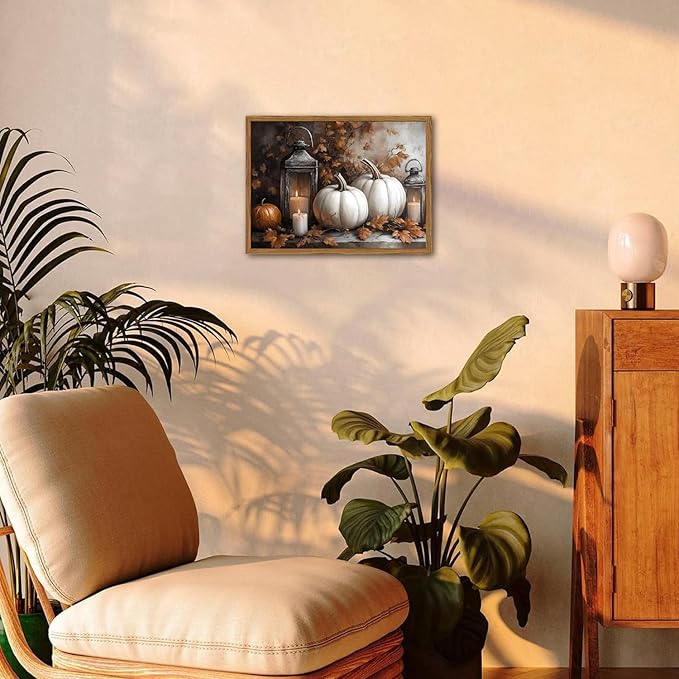 Framed Vintage Fall Pumpkin Canvas Wall Art, Rustic Farmhouse Autumn Paintings Wall Decor, Thanksgiving Pumpkins Pictures Prints Aesthetic Home Decor for Living Room Kitchen Office 16×24 inch