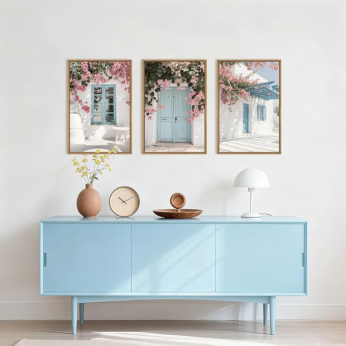 HOURIA Spring Modern Greek Island Cityscape Framed Canvas Wall Art Set,European White House Blue Door Shutter Landscape Wall Decor,Santorini Natural Pink Flower Artwork for Living Room, Bedroom-16"x24"x3