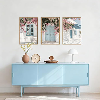 HOURIA Spring Modern Greek Island Cityscape Framed Canvas Wall Art Set,European White House Blue Door Shutter Landscape Wall Decor,Santorini Natural Pink Flower Artwork for Living Room, Bedroom-16"x24"x3