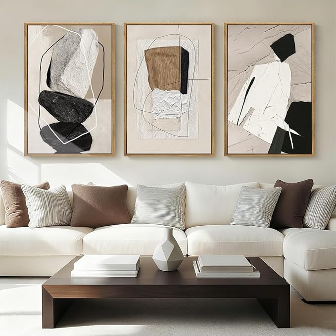 ANHUIB Large Abstract Wall Art Canvas,Black Beige Artwork,Neutral Modern Framed Wall Art, Minimalist Geometric Painting,24x36 Inches Set of 3 for Living Room Bedroom