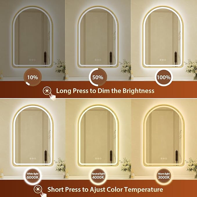 24x36 Inch Arched Gold Framed LED Bathroom Mirror with Lights, Built-in Bluetooth Speaker,Tempered Glass,Dimmable Lighted Bathroom Vanity Mirror with 3 Colors, Backlit + Frontlit, Memory, Anti-Fog