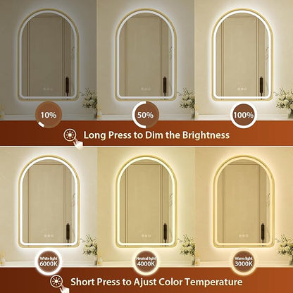 24x36 Inch Arched Gold Framed LED Bathroom Mirror with Lights, Built-in Bluetooth Speaker,Tempered Glass,Dimmable Lighted Bathroom Vanity Mirror with 3 Colors, Backlit + Frontlit, Memory, Anti-Fog