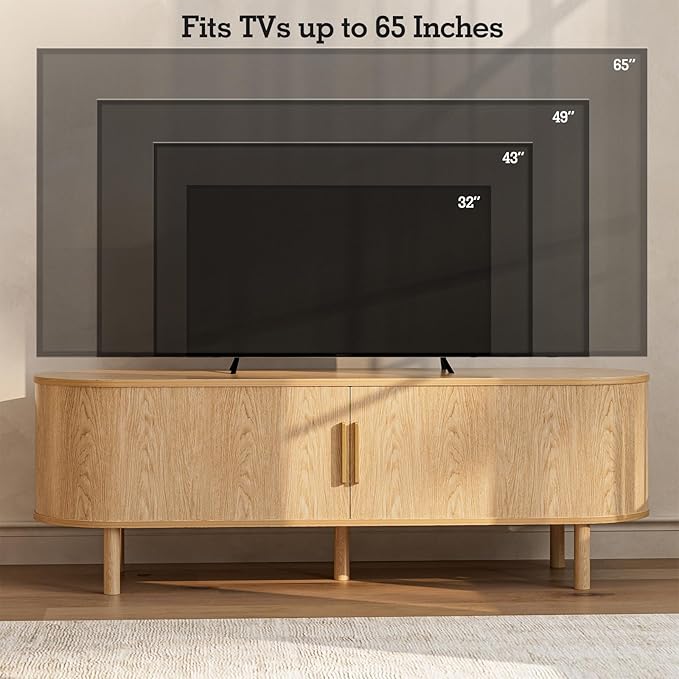 ZttRiee TV Stand for TVs up to 60 Inch, Entertainment Center with Sliding Doors and Adjustable Shelf, Modern TV Console with Storage for Living Room, Bedroom, Natural